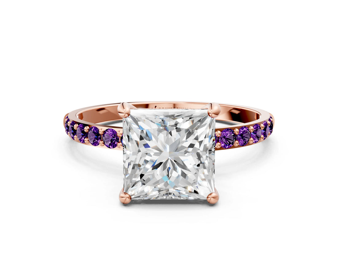 Rose gold Princess Cut Diamond Solitaire Ring with Round with Amethyst side stone Pavé Band and Prong Setting_12