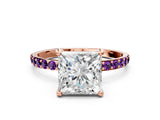Rose gold Princess Cut Diamond Solitaire Ring with Round with Amethyst side stone Pavé Band and Prong Setting_12