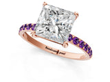 Rose gold Princess Cut Diamond Solitaire Ring with Round with Amethyst side stone Pavé Band and Prong Setting_13