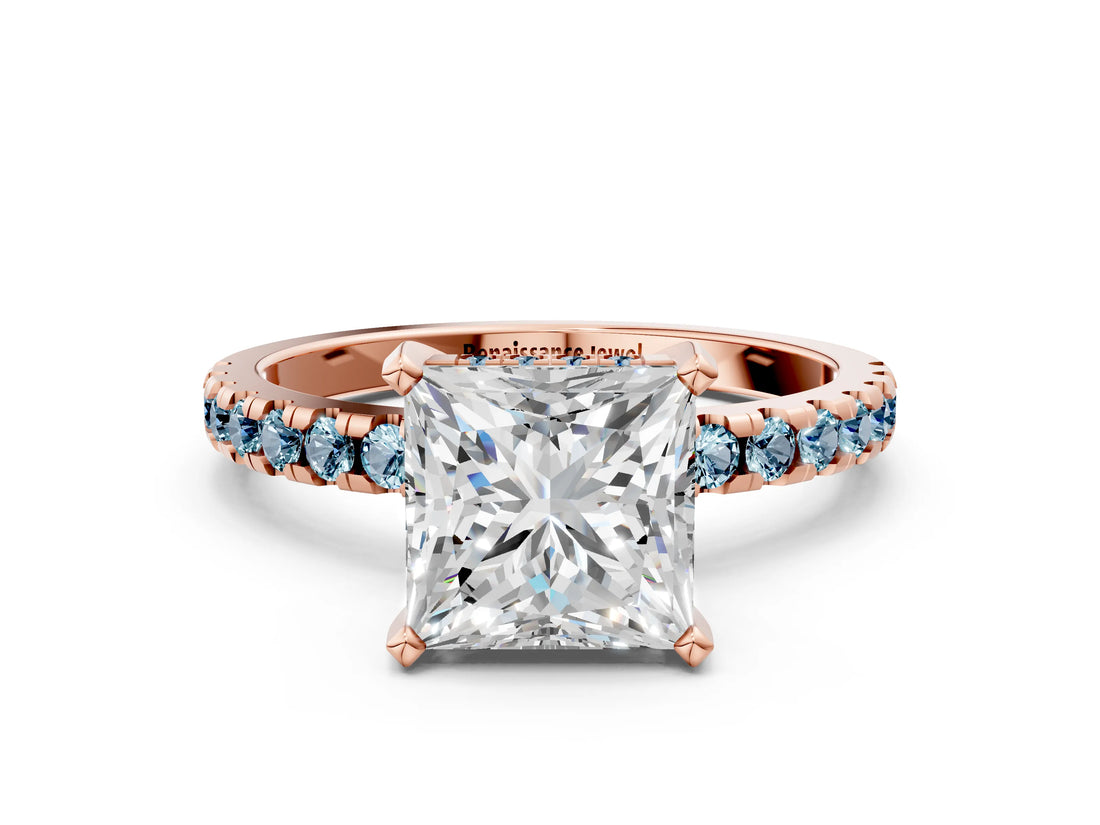 Rose gold Princess Cut Diamond Solitaire Ring with Round with Aquamarine side stone Pavé Band and Four-Prong Setting_36