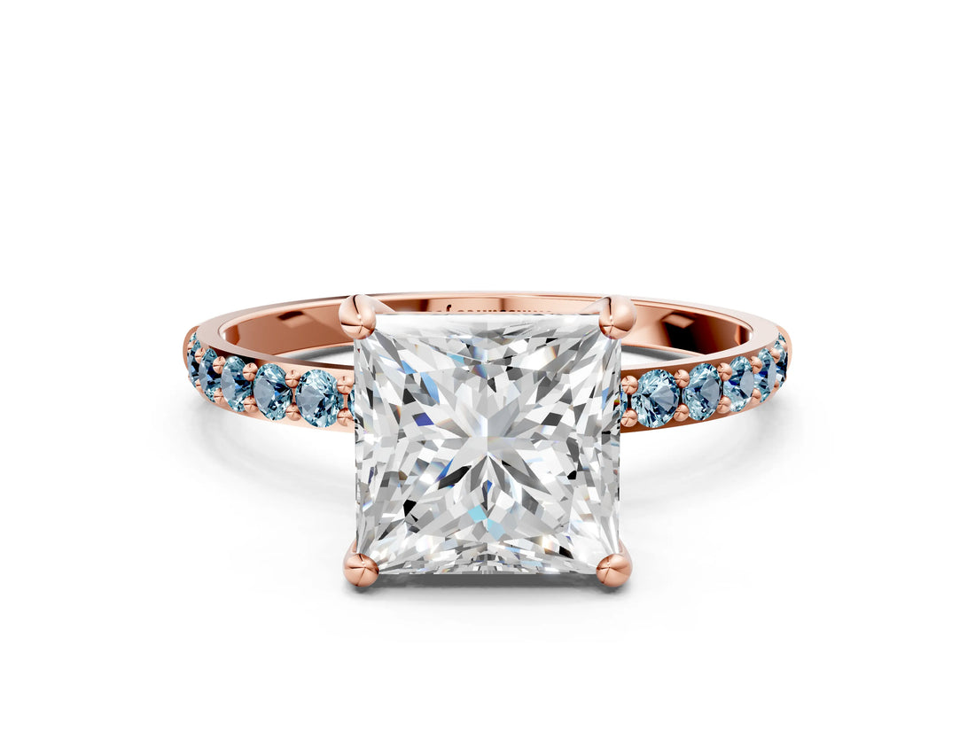 Rose gold Princess Cut Diamond Solitaire Ring with Round with Aquamarine side stone Pavé Band and Prong Setting_24