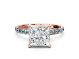 Rose gold Princess Cut Diamond Solitaire Ring with Round with Aquamarine side stone Pavé Band and Prong Setting_24
