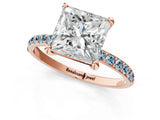 Rose gold Princess Cut Diamond Solitaire Ring with Round with Aquamarine side stone Pavé Band and Prong Setting_25