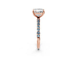 Rose gold Princess Cut Diamond Solitaire Ring with Round with Aquamarine side stone Pavé Band and Prong Setting_26