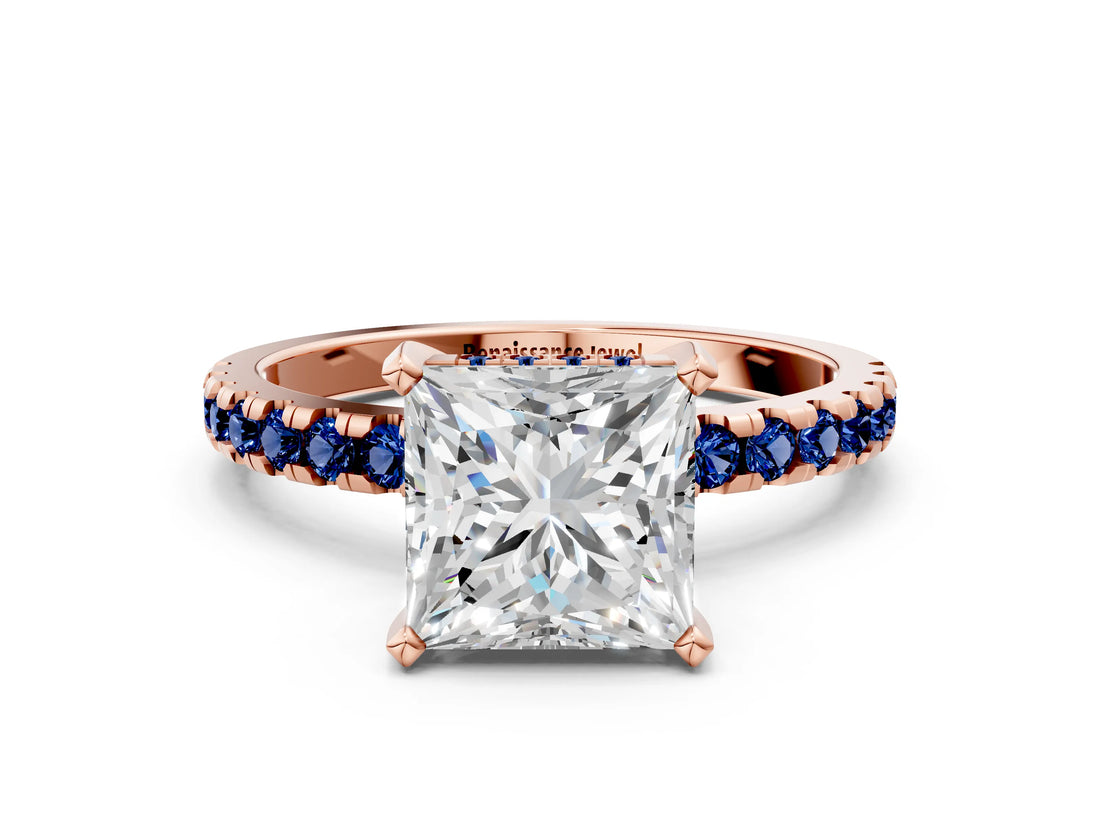 Rose gold Princess Cut Diamond Solitaire Ring with Round with Blue Sapphire side stone Pavé Band and Four-Prong Setting_36