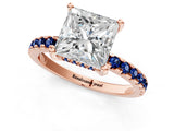 Rose gold Princess Cut Diamond Solitaire Ring with Round with Blue Sapphire side stone Pavé Band and Four-Prong Setting_37