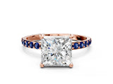 Rose gold Princess Cut Diamond Solitaire Ring with Round with Blue Sapphire side stone Pavé Band and Prong Setting_12
