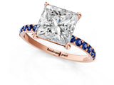 Rose gold Princess Cut Diamond Solitaire Ring with Round with Blue Sapphire side stone Pavé Band and Prong Setting_13