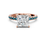 Rose gold Princess Cut Diamond Solitaire Ring with Round with Blue Topaz side stone Pavé Band and Four-Prong Setting_36
