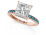 Rose gold Princess Cut Diamond Solitaire Ring with Round with Blue Topaz side stone Pavé Band and Four-Prong Setting_37