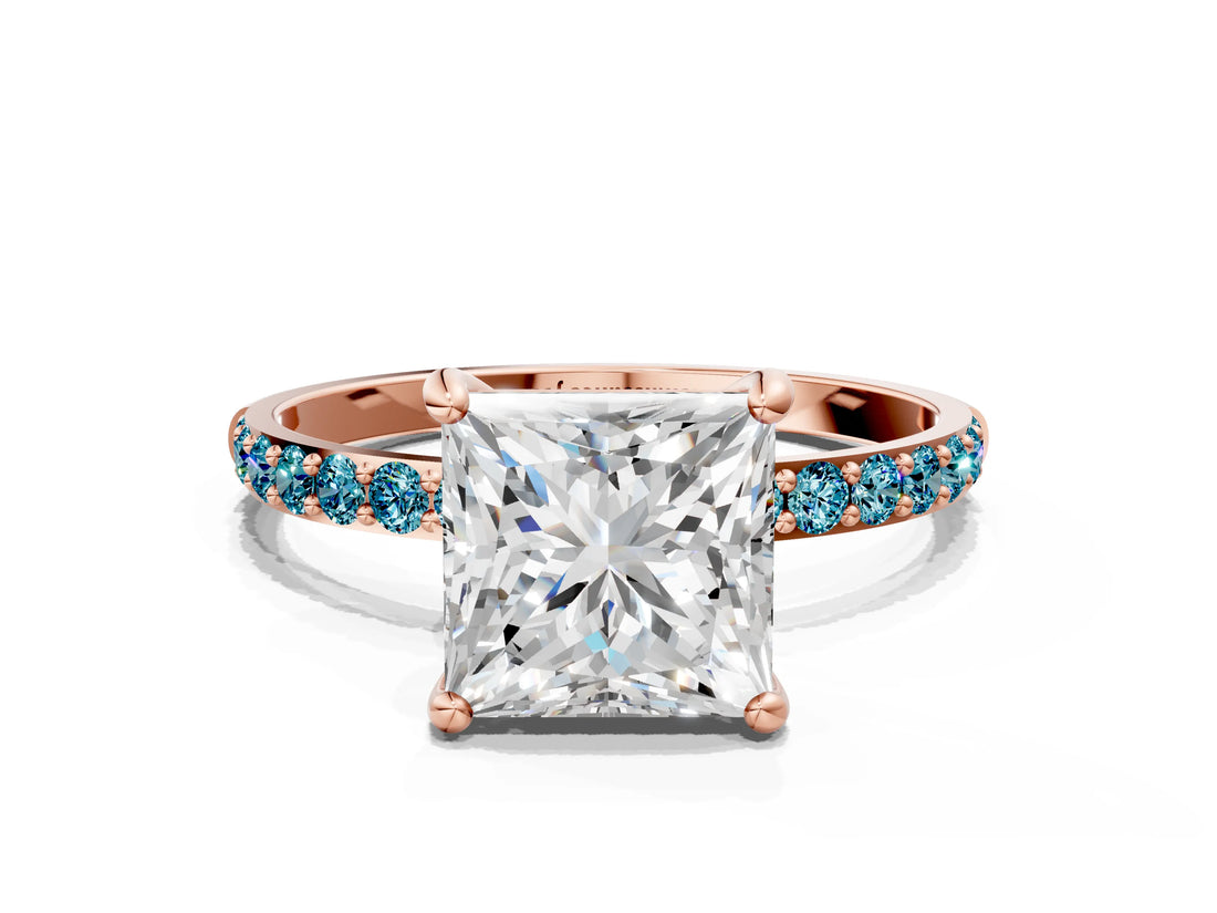 Rose gold Princess Cut Diamond Solitaire Ring with Round with Blue Topaz side stone Pavé Band and Prong Setting_12
