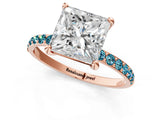 Rose gold Princess Cut Diamond Solitaire Ring with Round with Blue Topaz side stone Pavé Band and Prong Setting_13