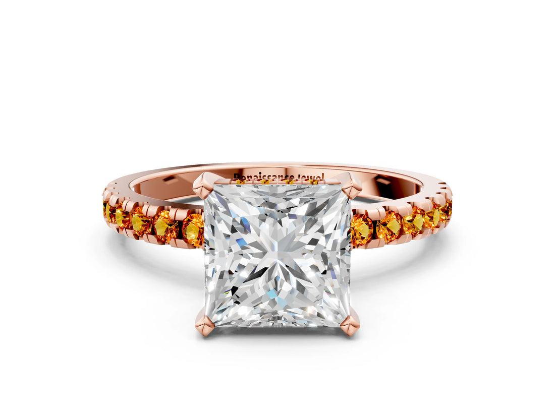 Rose gold Princess Cut Diamond Solitaire Ring with Round with Citrine side stone Pavé Band and Four-Prong Setting_36