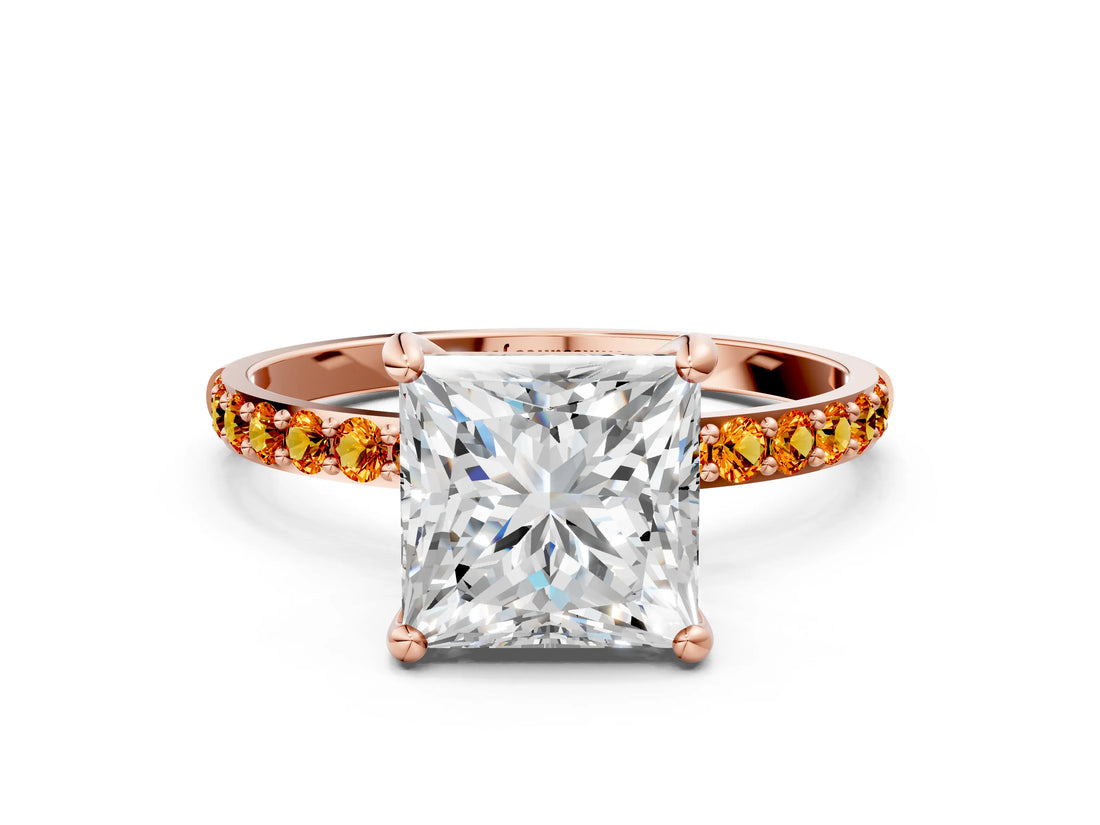 Rose gold Princess Cut Diamond Solitaire Ring with Round with Citrine side stone Pavé Band and Prong Setting_23