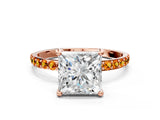 Rose gold Princess Cut Diamond Solitaire Ring with Round with Citrine side stone Pavé Band and Prong Setting_35