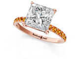 Rose gold Princess Cut Diamond Solitaire Ring with Round with Citrine side stone Pavé Band and Prong Setting_36