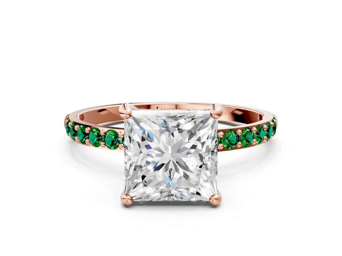 Rose gold Princess Cut Diamond Solitaire Ring with Round with Emerald side stone Pavé Band and Prong Setting_24