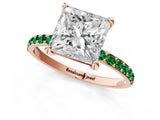Rose gold Princess Cut Diamond Solitaire Ring with Round with Emerald side stone Pavé Band and Prong Setting_25