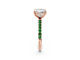 Rose gold Princess Cut Diamond Solitaire Ring with Round with Emerald side stone Pavé Band and Prong Setting_26