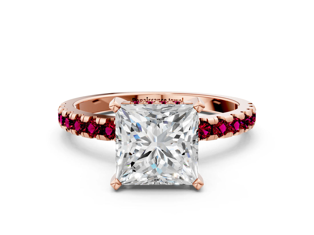 Rose gold Princess Cut Diamond Solitaire Ring with Round with Garnet side stone Pavé Band and Four-Prong Setting_36