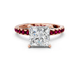 Rose gold Princess Cut Diamond Solitaire Ring with Round with Garnet side stone Pavé Band and Four-Prong Setting_36