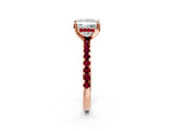 Rose gold Princess Cut Diamond Solitaire Ring with Round with Garnet side stone Pavé Band and Four-Prong Setting_38
