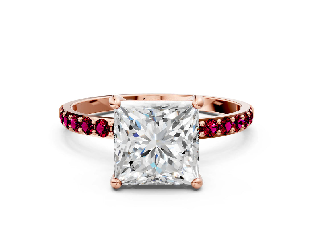 Rose gold Princess Cut Diamond Solitaire Ring with Round with Garnet side stone Pavé Band and Prong Setting_24