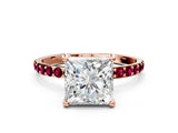 Rose gold Princess Cut Diamond Solitaire Ring with Round with Garnet side stone Pavé Band and Prong Setting_24