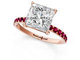 Rose gold Princess Cut Diamond Solitaire Ring with Round with Garnet side stone Pavé Band and Prong Setting_25