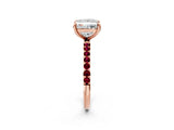 Rose gold Princess Cut Diamond Solitaire Ring with Round with Garnet side stone Pavé Band and Prong Setting_26