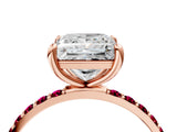 Rose gold Princess Cut Diamond Solitaire Ring with Round with Garnet side stone Pavé Band and Prong Setting_28