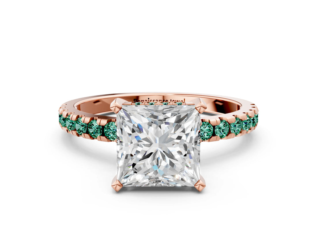 Rose gold Princess Cut Diamond Solitaire Ring with Round with Green Sapphire side stone Pavé Band and Four-Prong Setting_36