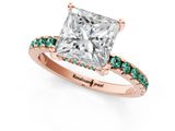 Rose gold Princess Cut Diamond Solitaire Ring with Round with Green Sapphire side stone Pavé Band and Four-Prong Setting_37