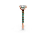 Rose gold Princess Cut Diamond Solitaire Ring with Round with Green Sapphire side stone Pavé Band and Four-Prong Setting_38