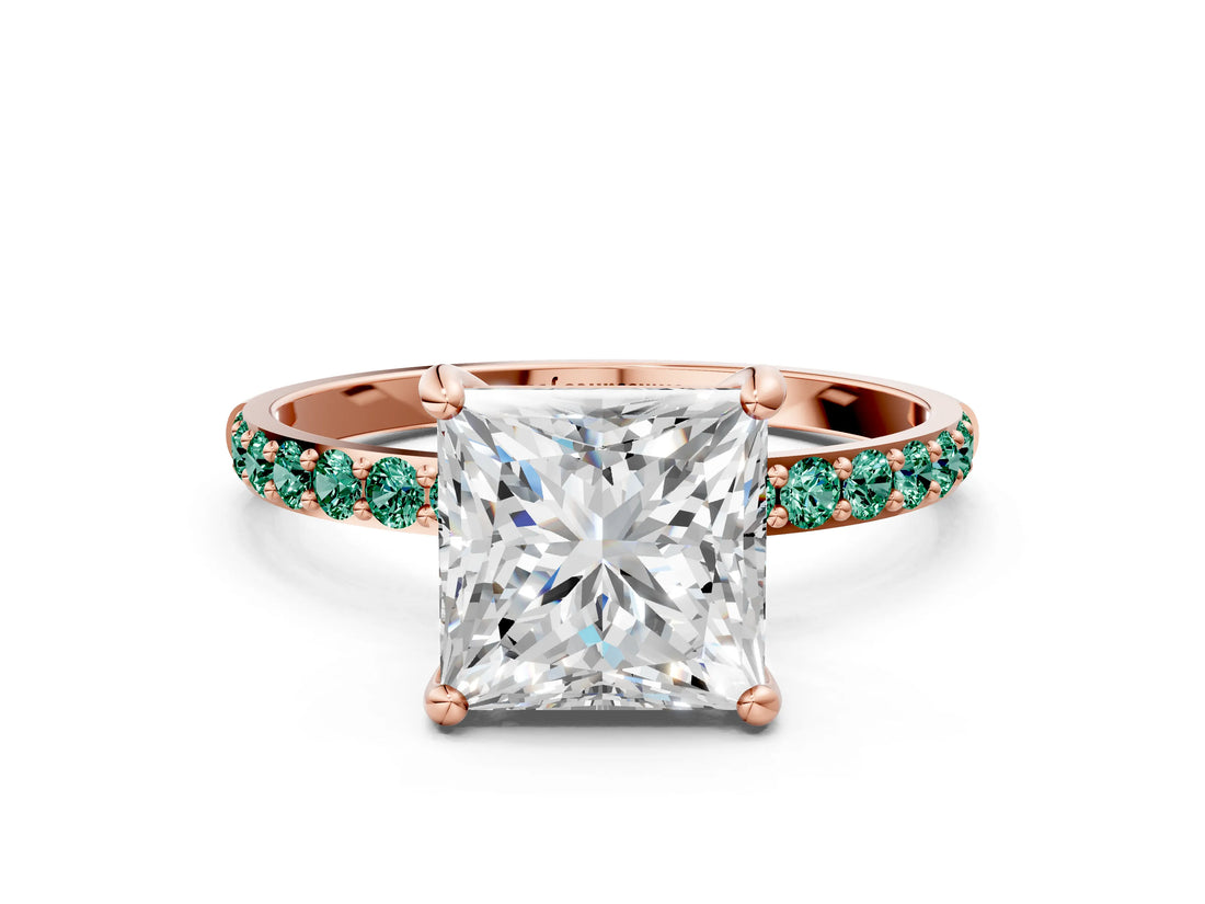 Rose gold Princess Cut Diamond Solitaire Ring with Round with Green Sapphire side stone Pavé Band and Prong Setting