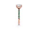 Rose gold Princess Cut Diamond Solitaire Ring with Round with Green Sapphire side stone Pavé Band and Prong Setting_2