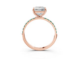 Rose gold Princess Cut Diamond Solitaire Ring with Round with Green Sapphire side stone Pavé Band and Prong Setting_3