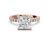 Rose gold Princess Cut Diamond Solitaire Ring with Round with Moissanite side stone Pavé Band and Four-Prong Setting_36