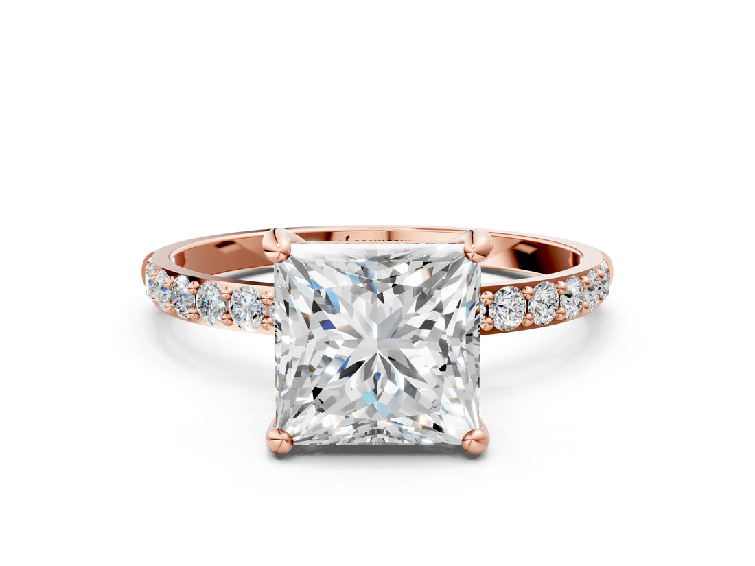 Rose gold Princess Cut Diamond Solitaire Ring with Round with Moissanite side stone Pavé Band and Prong Setting_12