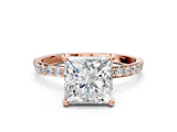 Rose gold Princess Cut Diamond Solitaire Ring with Round with Moissanite side stone Pavé Band and Prong Setting_12