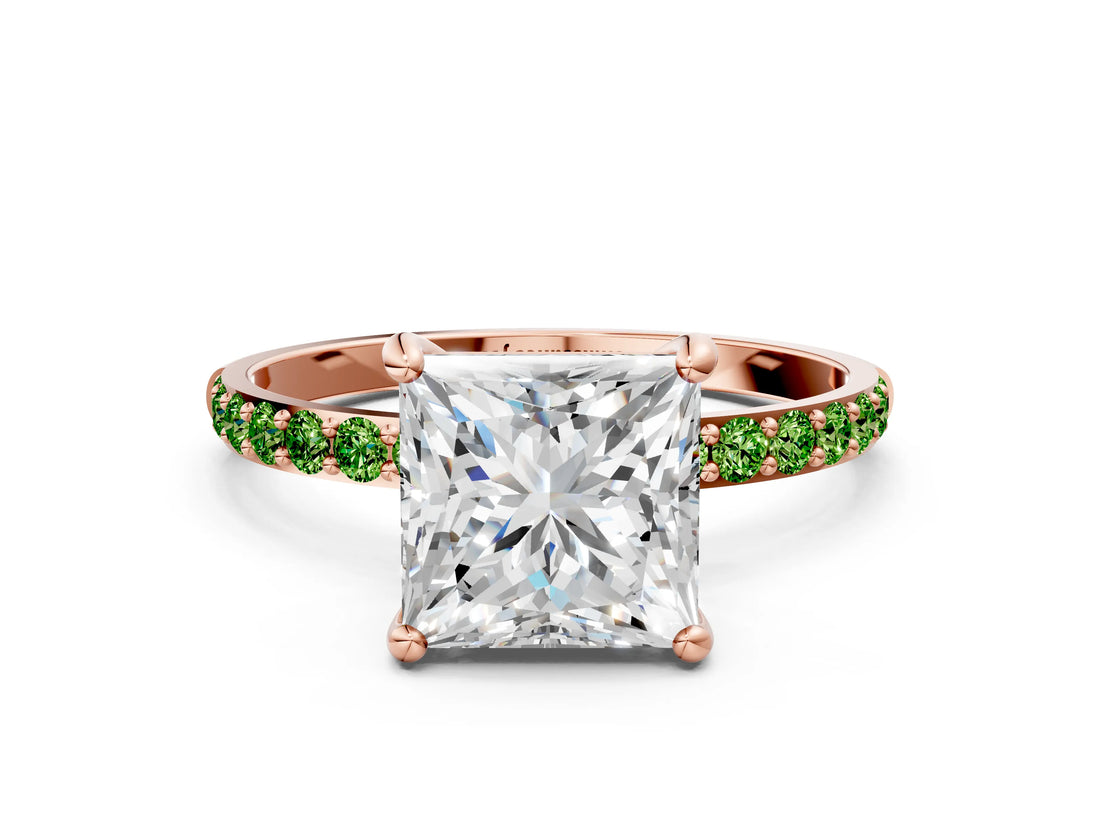 Rose gold Princess Cut Diamond Solitaire Ring with Round with Peridot side stone Pavé Band and Prong Setting