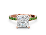 Rose gold Princess Cut Diamond Solitaire Ring with Round with Peridot side stone Pavé Band and Prong Setting
