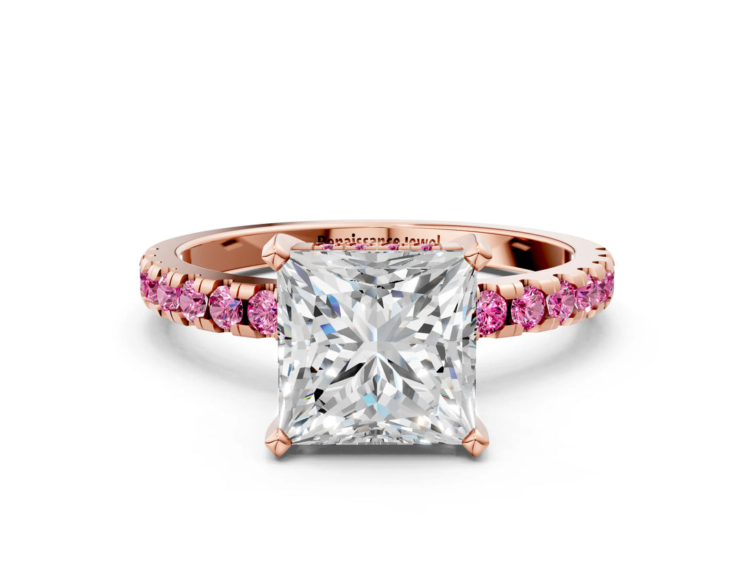 Rose gold Princess Cut Diamond Solitaire Ring with Round with Pink Sapphire side stone Pavé Band and Four-Prong Setting_36