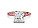 Rose gold Princess Cut Diamond Solitaire Ring with Round with Pink Sapphire side stone Pavé Band and Prong Setting_22