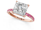 Rose gold Princess Cut Diamond Solitaire Ring with Round with Pink Sapphire side stone Pavé Band and Prong Setting_23