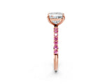 Rose gold Princess Cut Diamond Solitaire Ring with Round with Pink Sapphire side stone Pavé Band and Prong Setting_24