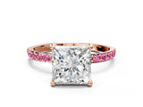 Rose gold Princess Cut Diamond Solitaire Ring with Round with Pink Sapphire side stone Pavé Band and Prong Setting_34