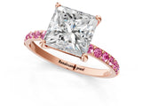 Rose gold Princess Cut Diamond Solitaire Ring with Round with Pink Sapphire side stone Pavé Band and Prong Setting_35