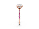 Rose gold Princess Cut Diamond Solitaire Ring with Round with Pink Sapphire side stone Pavé Band and Prong Setting_36