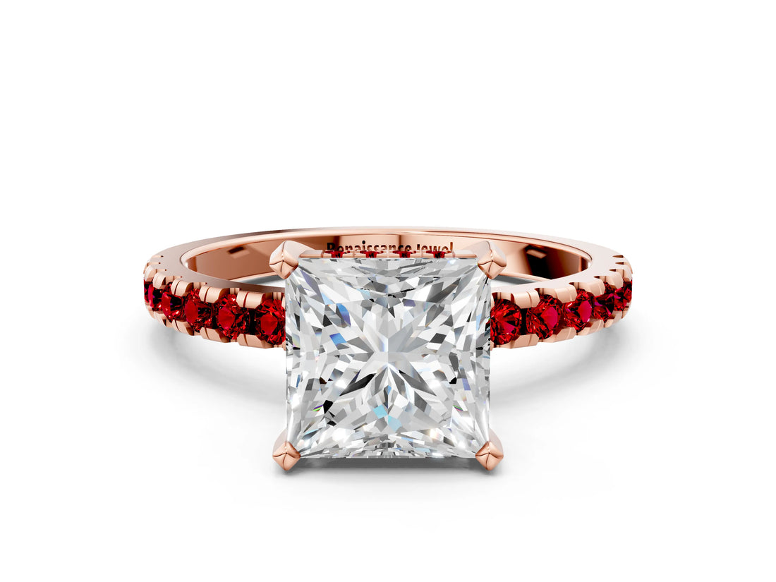 Rose gold Princess Cut Diamond Solitaire Ring with Round with Ruby side stone Pavé Band and Four-Prong Setting_36